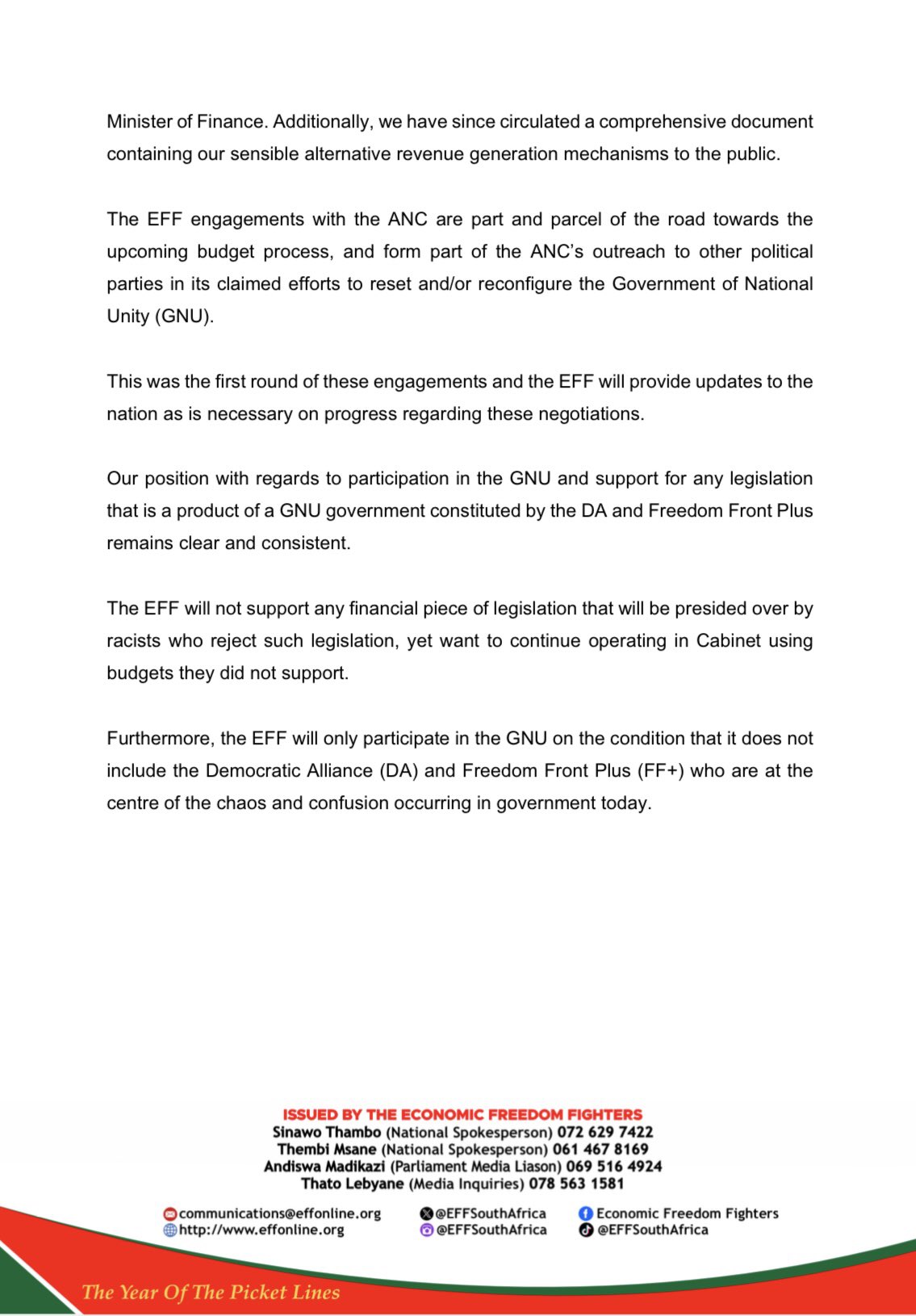 EFF Statement On Meeting With African National Congress.