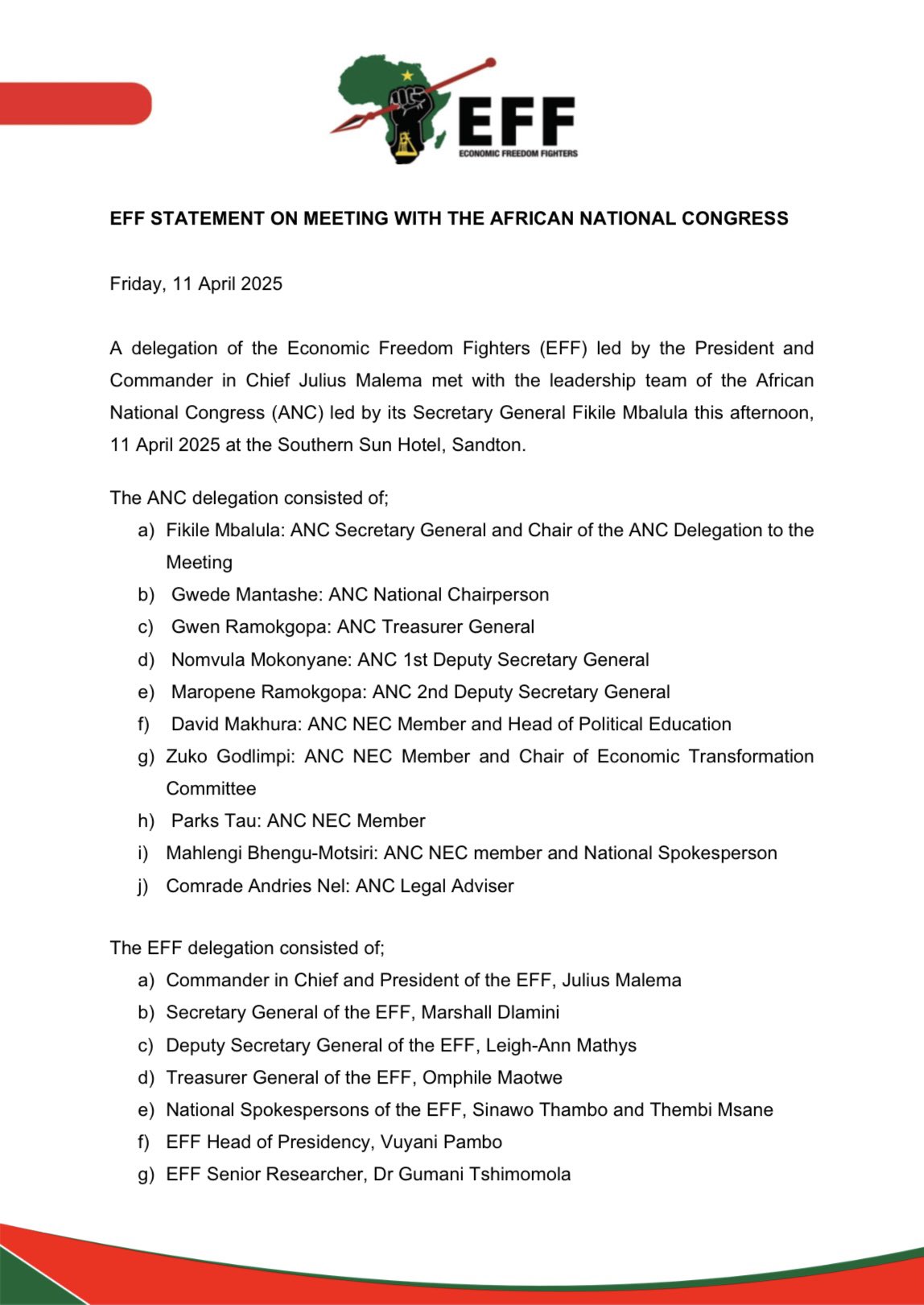 EFF Statement On Meeting With African National Congress.